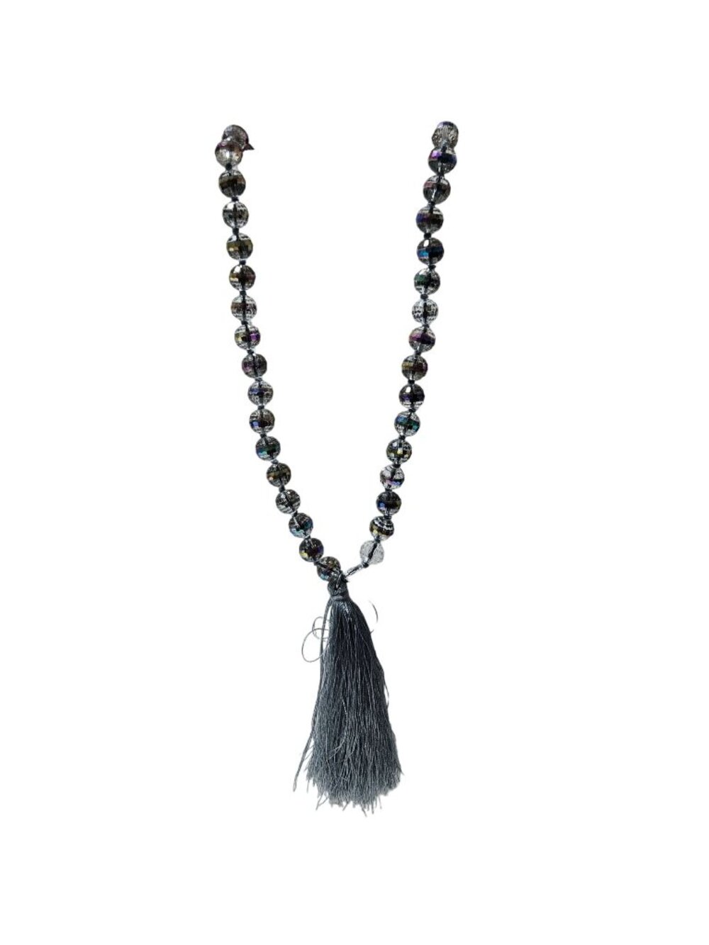 Glam Grey Tassel Necklace Faceted Glass Beaded Gatsby Retro 20s Flapper Jewelry